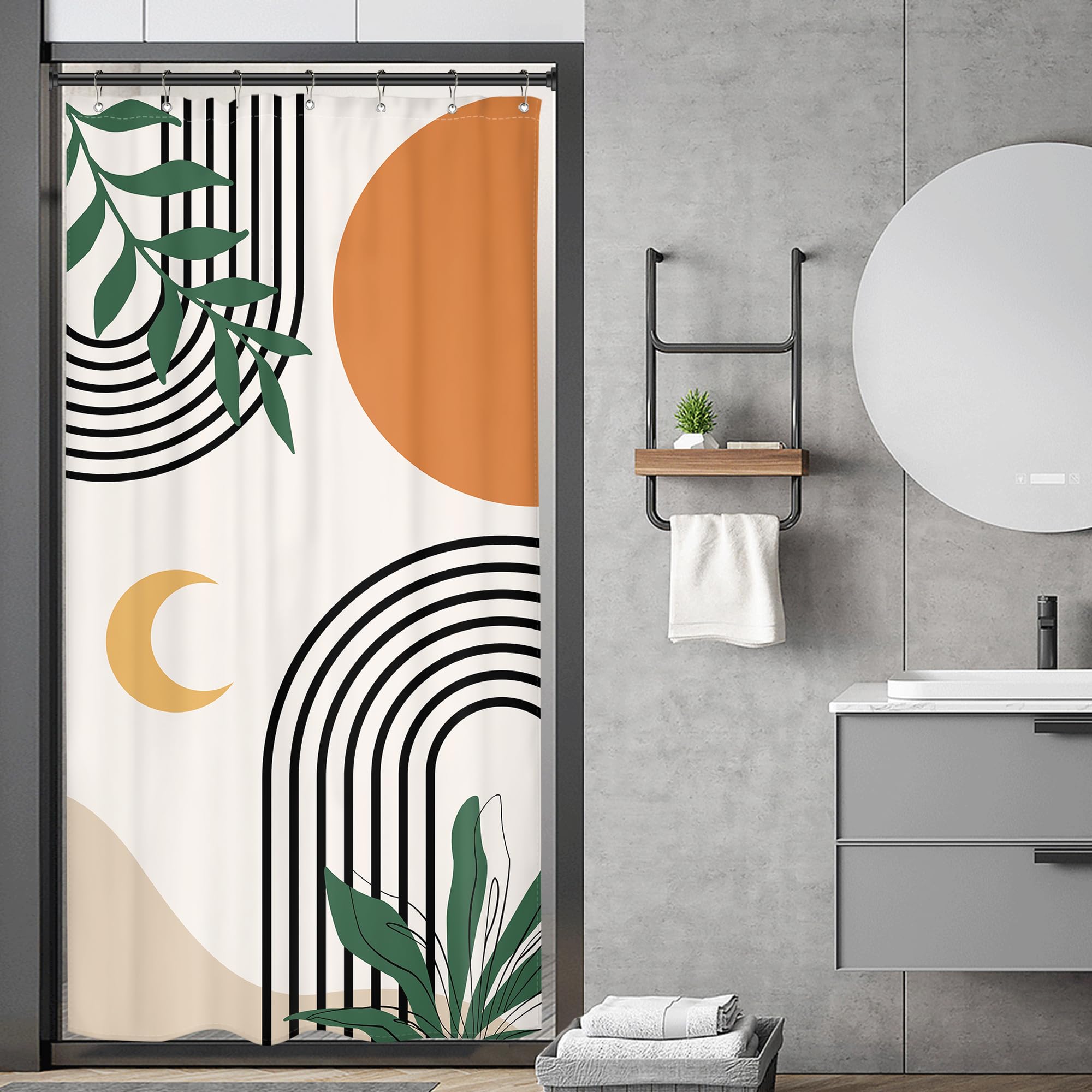 Photo 1 of ****Stained*** Riyidecor Stall Boho Small Half Size 36x72 Inch Shower Curtain,Camper Abstract Mid Century Modern Aesthetic Geometric RV Single Narrow Dorm Decor Bathroom Set Polyester Waterproof Fabric Hooks