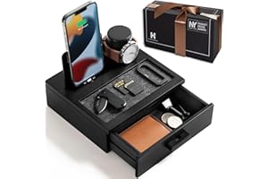 HOLME & HADFIELD Nightstand Organizer For Men - Christmas Gift for Men - Wood Phone Docking Station to Charge Your Phone and Organize Your Watch & Accessories - Wood Charging Station with Lined Tray & Drawer
