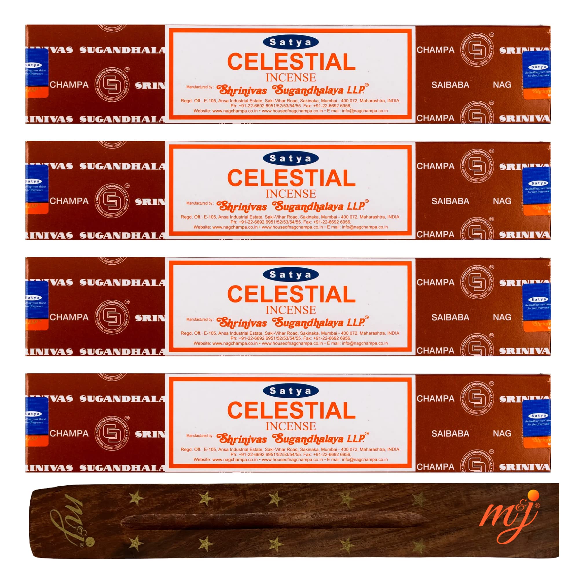 Original Satya Nag Champa Celestial Incense Sticks | with M&J incense sticks holder | x4 pack | for Aromatherapy, Spa, Yoga, Weddings, Meditation, Healing, Positivity and Relaxation — image 1