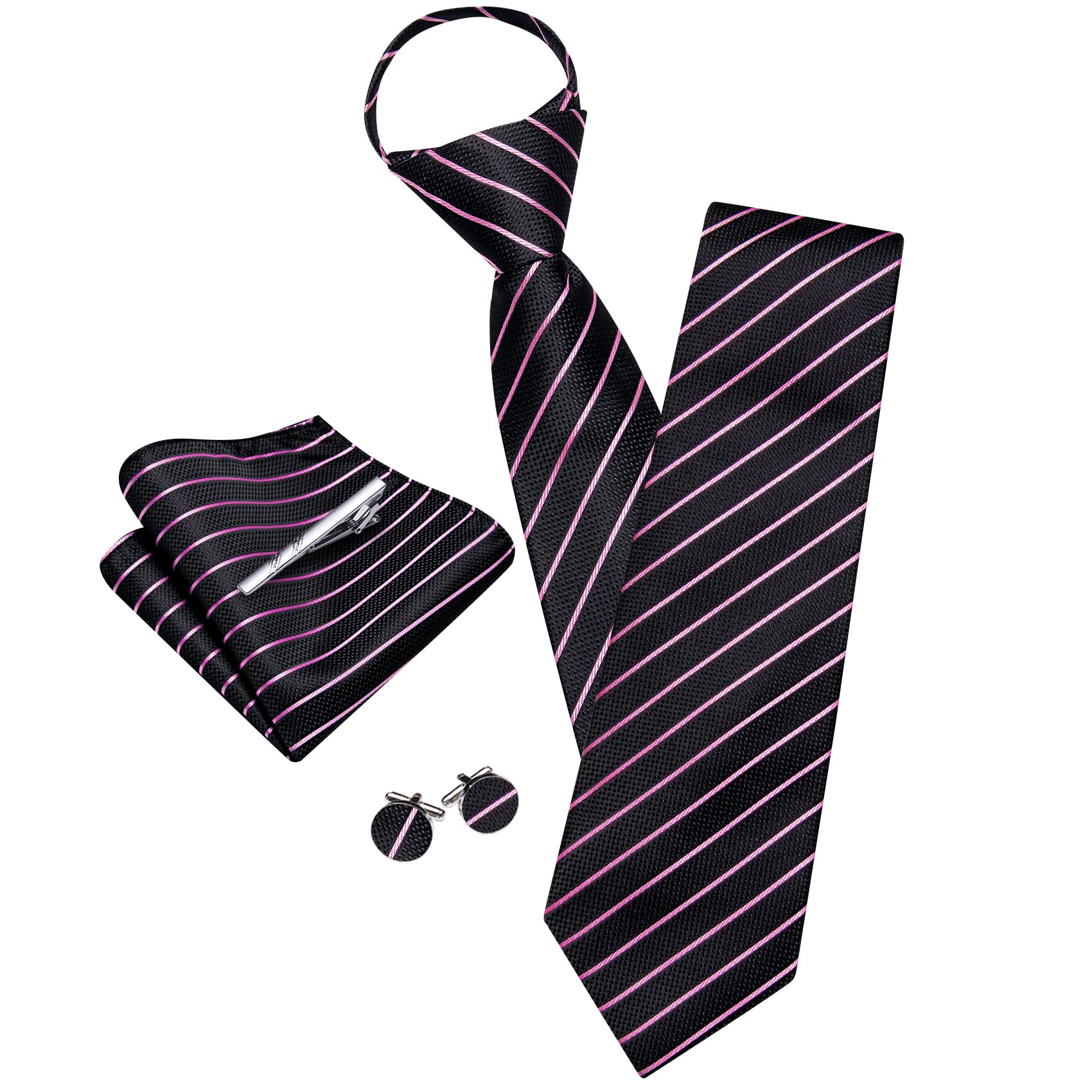 Photo 1 of YOHOWA Black Pink Clip on Tie for Men with Tie Clip Striped Extra Long Zipper Pre-Tied Necktie Pocket Square Set Formal Graduation Business Wedding