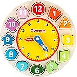 Coogam Wooden Shape Color Sorting Clock – Teaching Time Number Blocks Puzzle Stacking Sorter Jigsaw Montessori Early Learning