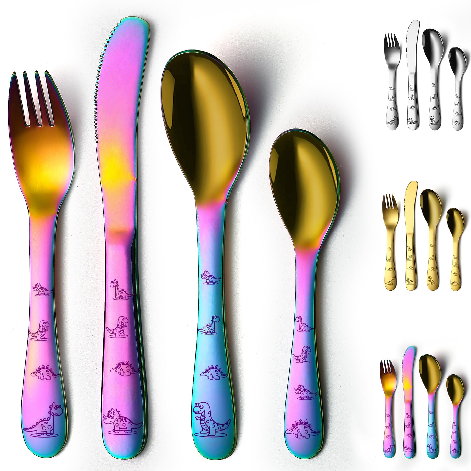 Evanda Rainbow Utensils Set, Rainbow Titanium Coated 4 Pieces Stainless Steel Silverware Set, Utensils Forks and Spoons, Mirror Polished Smooth Round Tableware and Dishwasher Safe