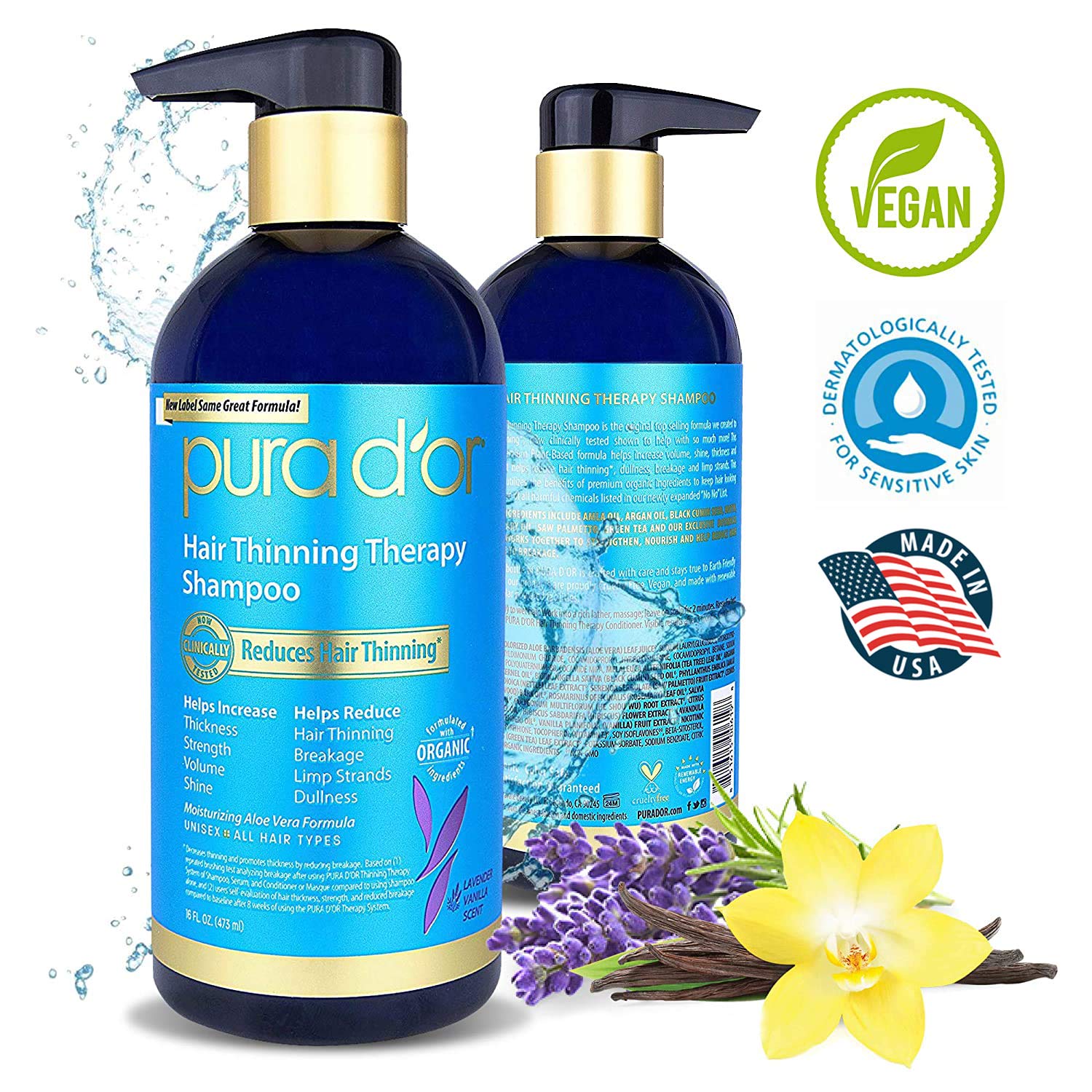 PURA D'OR Hair Thinning Therapy Biotin Shampoo VANILLA LAVENDER Scent (16 oz) w/Argan Oil, Herbal DHT Blockers, Zero Sulfates, Natural Ingredients For Men & Women, All Hair Types (Packaging may vary) : Beauty