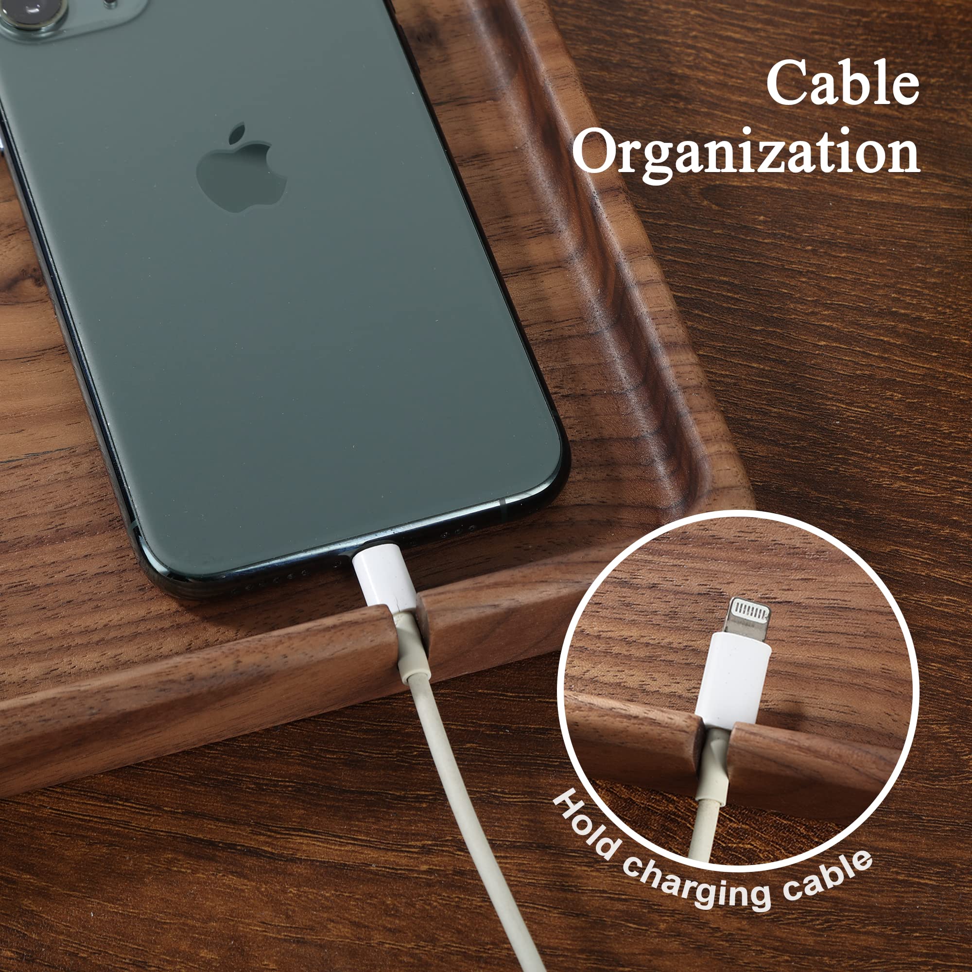 Walnut Wooden Valet Tray – Bedside Table Organizer for Men Dad, EDC Catch All Tray with Cable Slot (11.4 x 7.9 x 0.8 Inch)