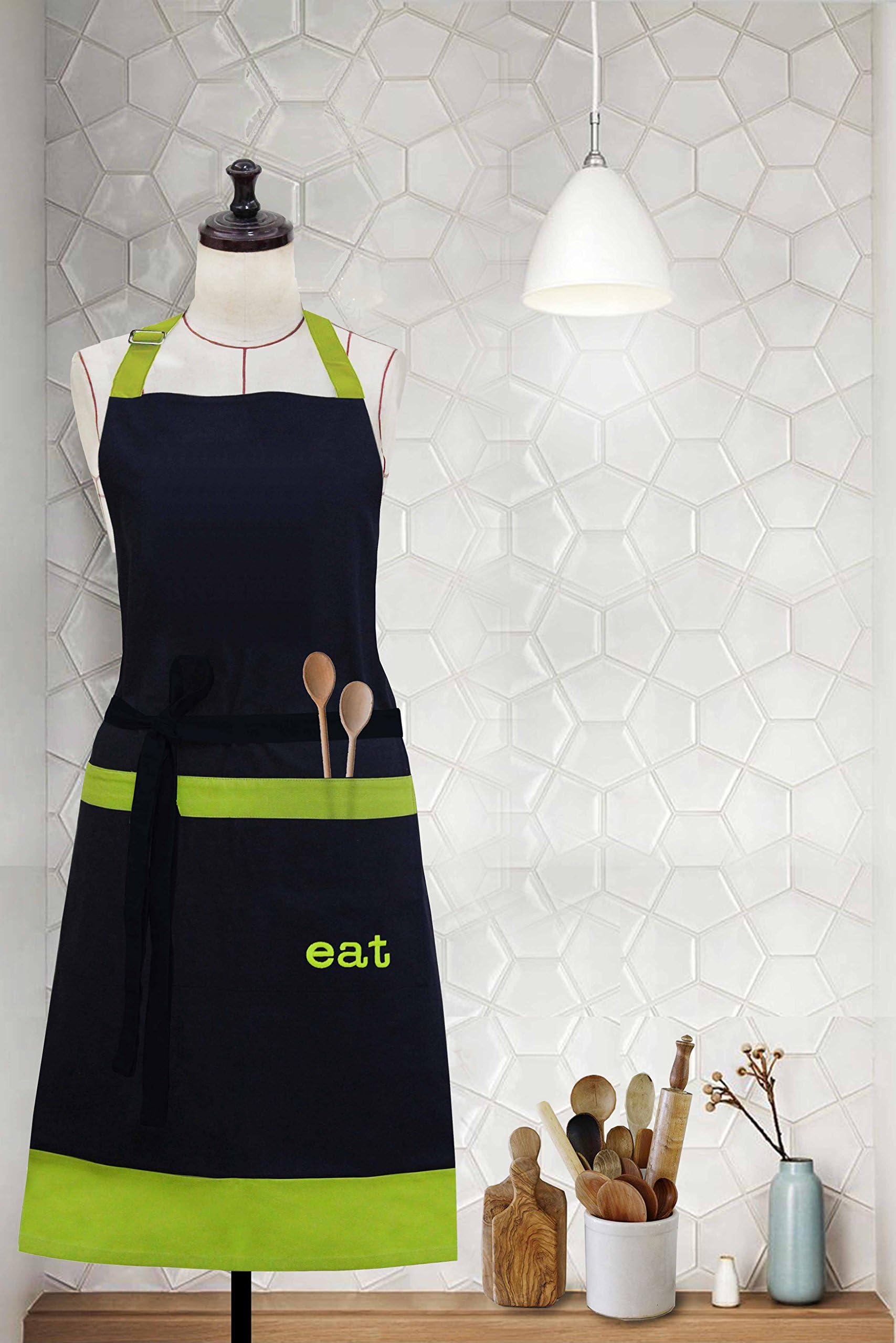 Milano Home Eat Embroidered 100% Cotton Professional Apron for Men & Women with Adjustable Neck & Centre Pockets Perfect for Cooking BBQ Baking Full in Length - Green