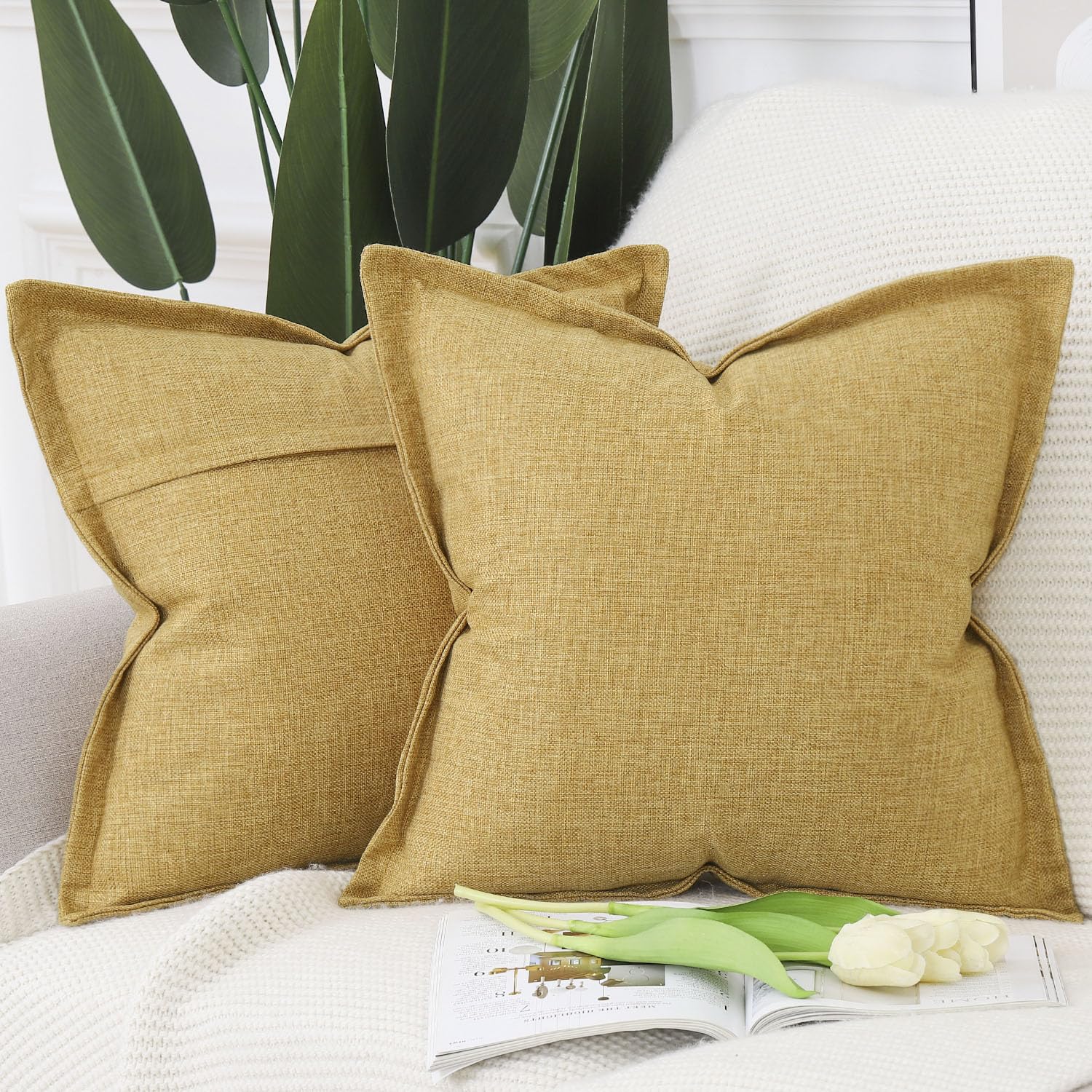 Madizz Set of 2 Faux Linen Cushion Covers with Broad Edge Soft Boho Decorative Pillow Cases for Sofa Bedroom Modern Pillow Shell 16x16 inch, 40x40 cm Mustard Yellow