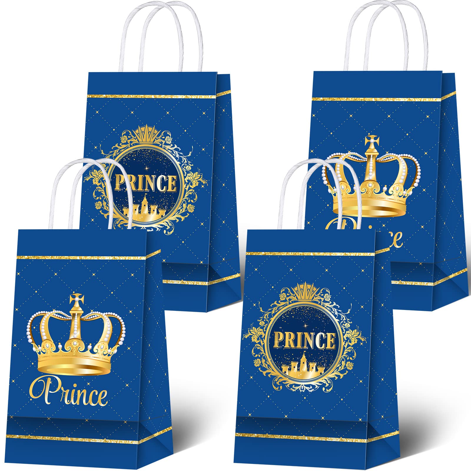 View 1 of 16 Pack Prince Party Gift Bags Prince Theme Birthday Party Treat Bags Blue Candy Goodie Bags Kraft Wrap Bags with Handles for Boys Kids Birthday Baby Shower Party Favors Supplies