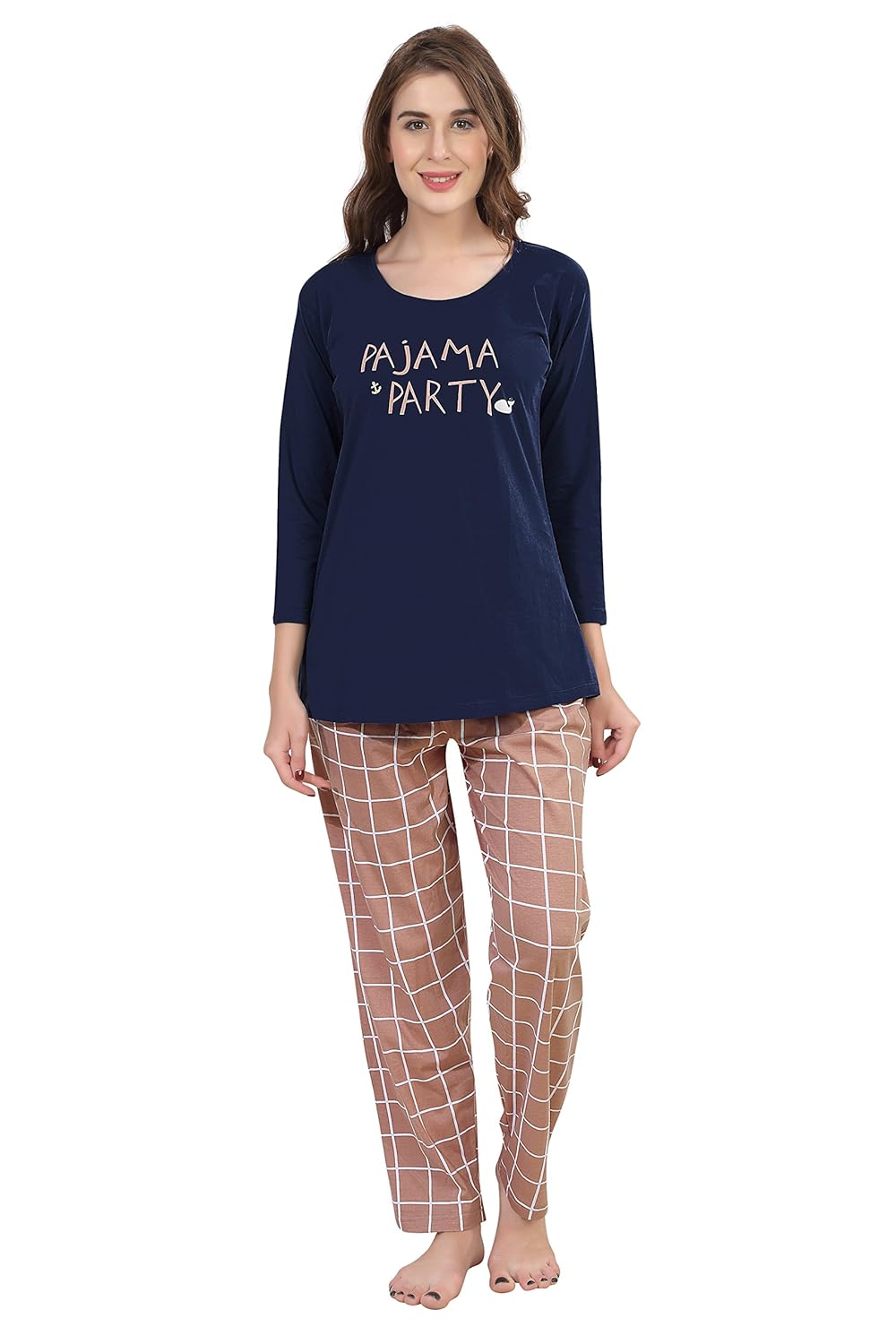 zeyo women&rsquo;s cotton navy blue & peach night suit | night dress with checks print |full sleeve top and pyjama set