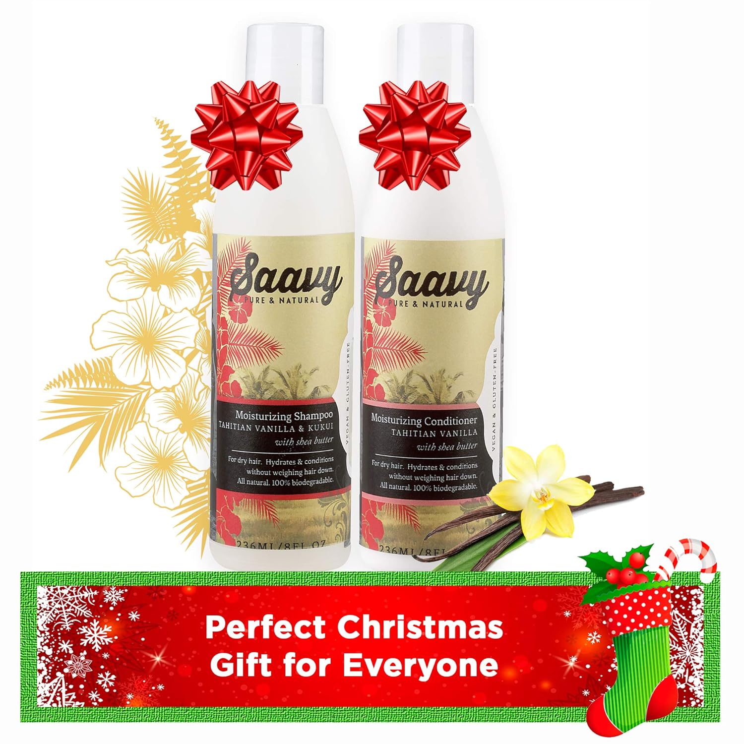 Moisturizing Shampoo Conditioner Set Organic Sulfate Free Vegan Hair Care Tahitian Vanilla Kukui 8oz Each