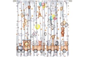AAVEUP Cartoon Animal Curtains for Kids,Funny Cute Watercolor Forest Animals Lion Giraffe Balloon Bear Stars Window Treatments for Nursery Baby Toddler Boys Girls Bedroom Living Room 42x45in（No Blackout）