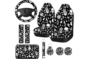 Frienda 10 Pcs Car Seat Covers for Women Accessories Interior Seat Covers with Steering Wheel Cover, Wrist Strap, Car Cup Mats, Armrest Pad, Shoulder Pad, Key Chain