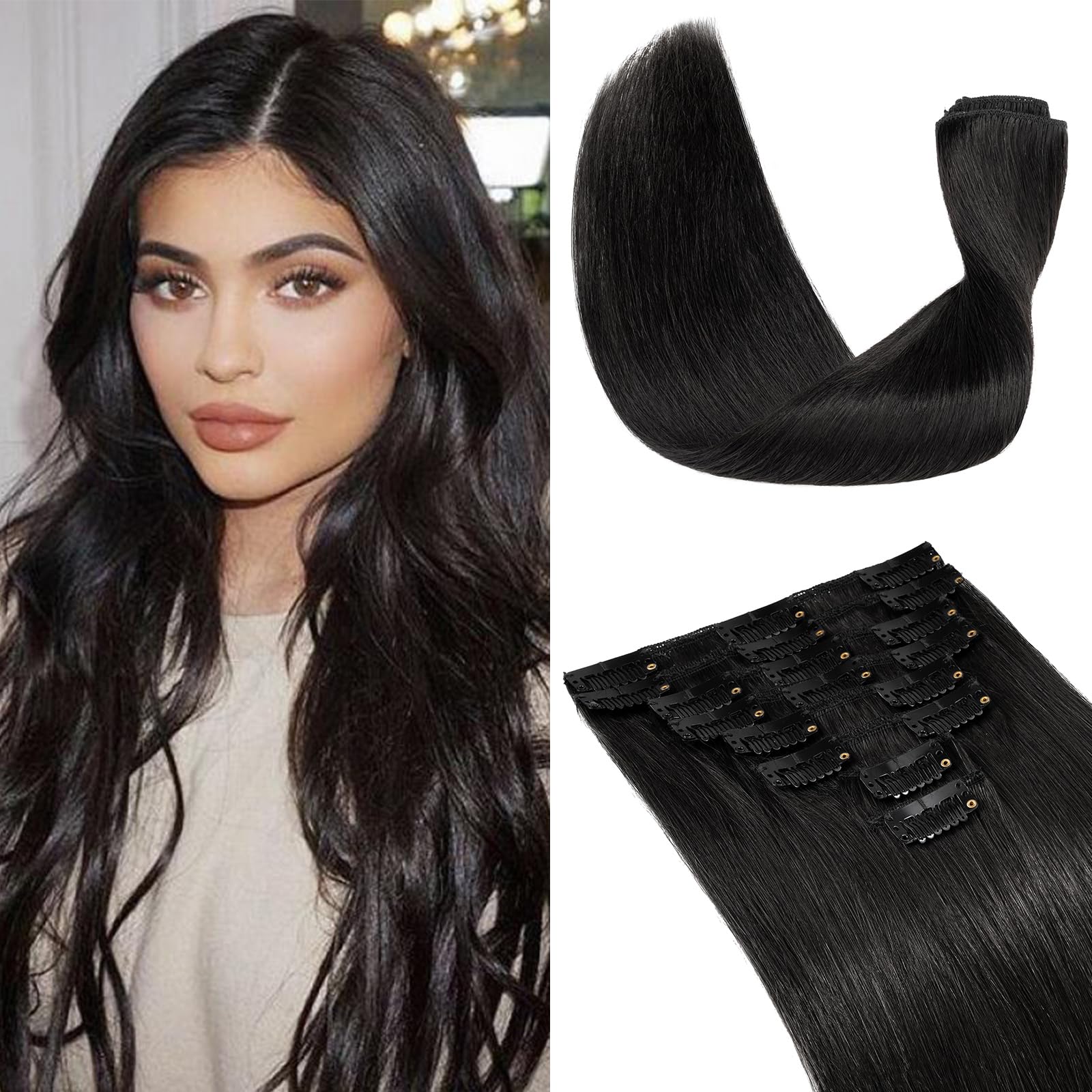 Elailite Clip in Hair Extensions Real Human Hair Black Remy Natural 8 Pieces Invisible Thin Weft Straight - #1 Jet Black - 18 Inch (70 g)