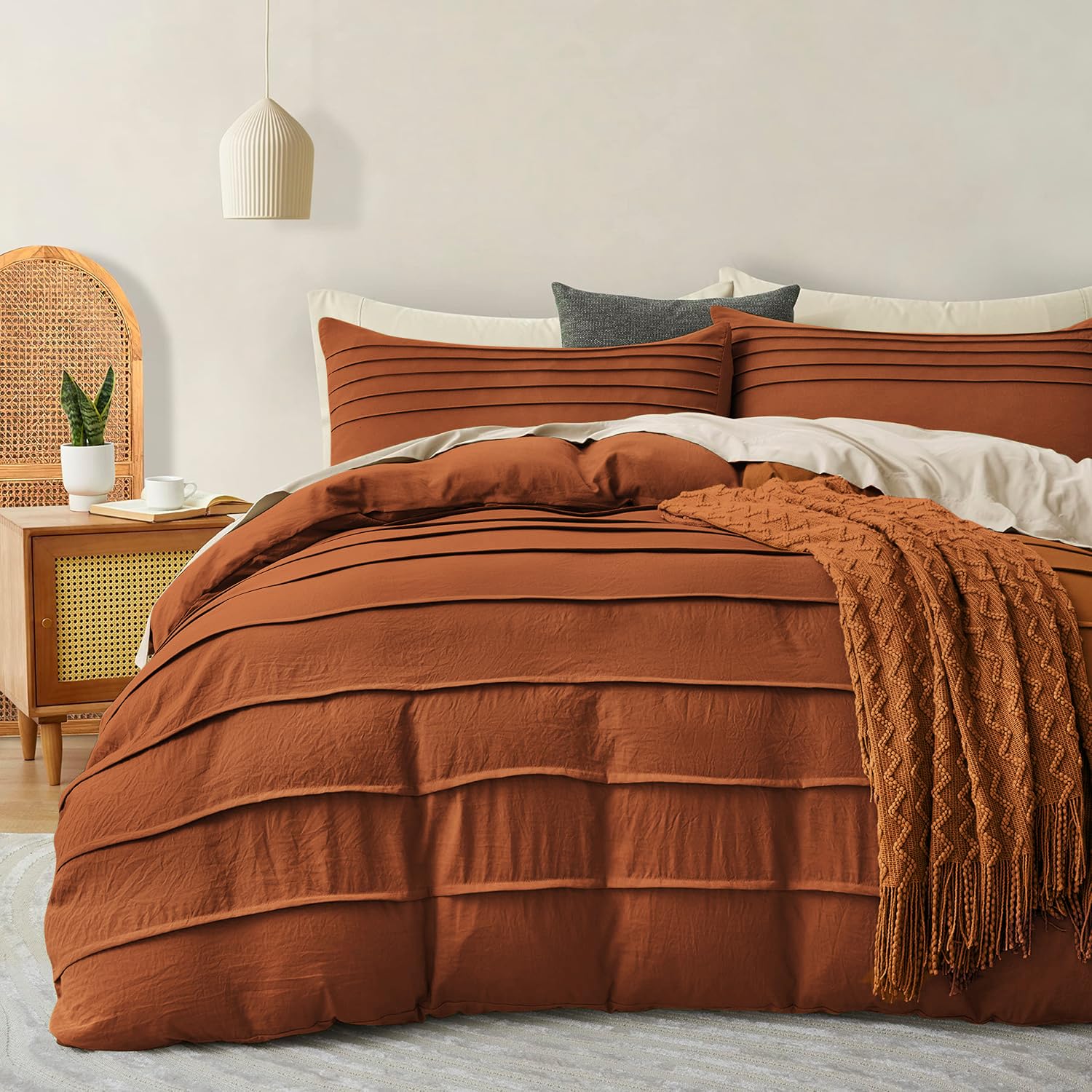 DJY Terracotta Duvet Cover Double Size - Autumn Burnt Orange Pleated Bedding Set, 3PCS Soft and Breathable Textured Duvet Cover Set with Zipper Closure (Terracotta, 200x200cm) — image 1