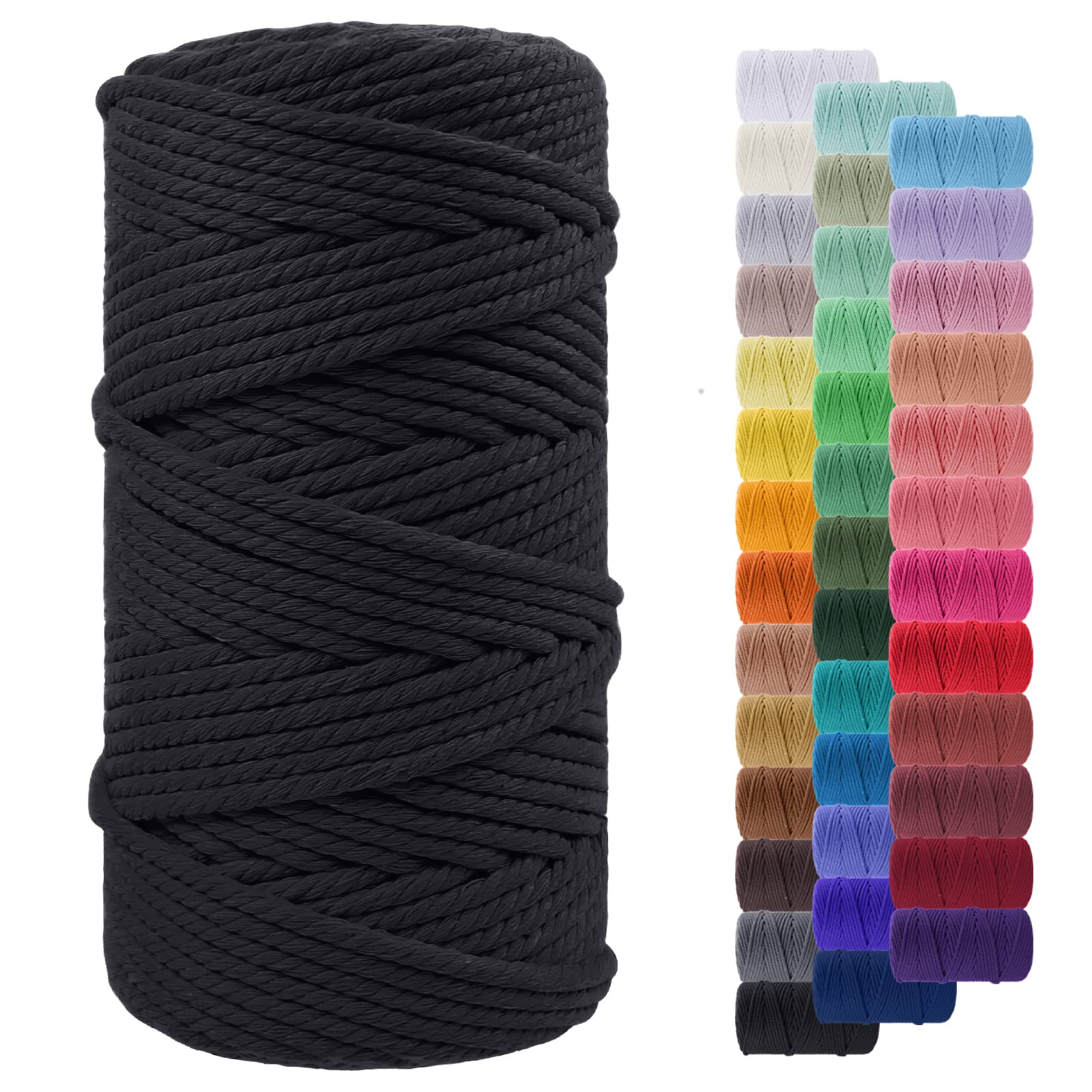 LEREATI Macrame Cord 5mm x 100m, Thick Macrame Rope Yarn Natural Cotton Cord, 4 Strand Twisted Colored String for Wall Hanging Plant Hanger DIY Crafts Boho Decor (Black)