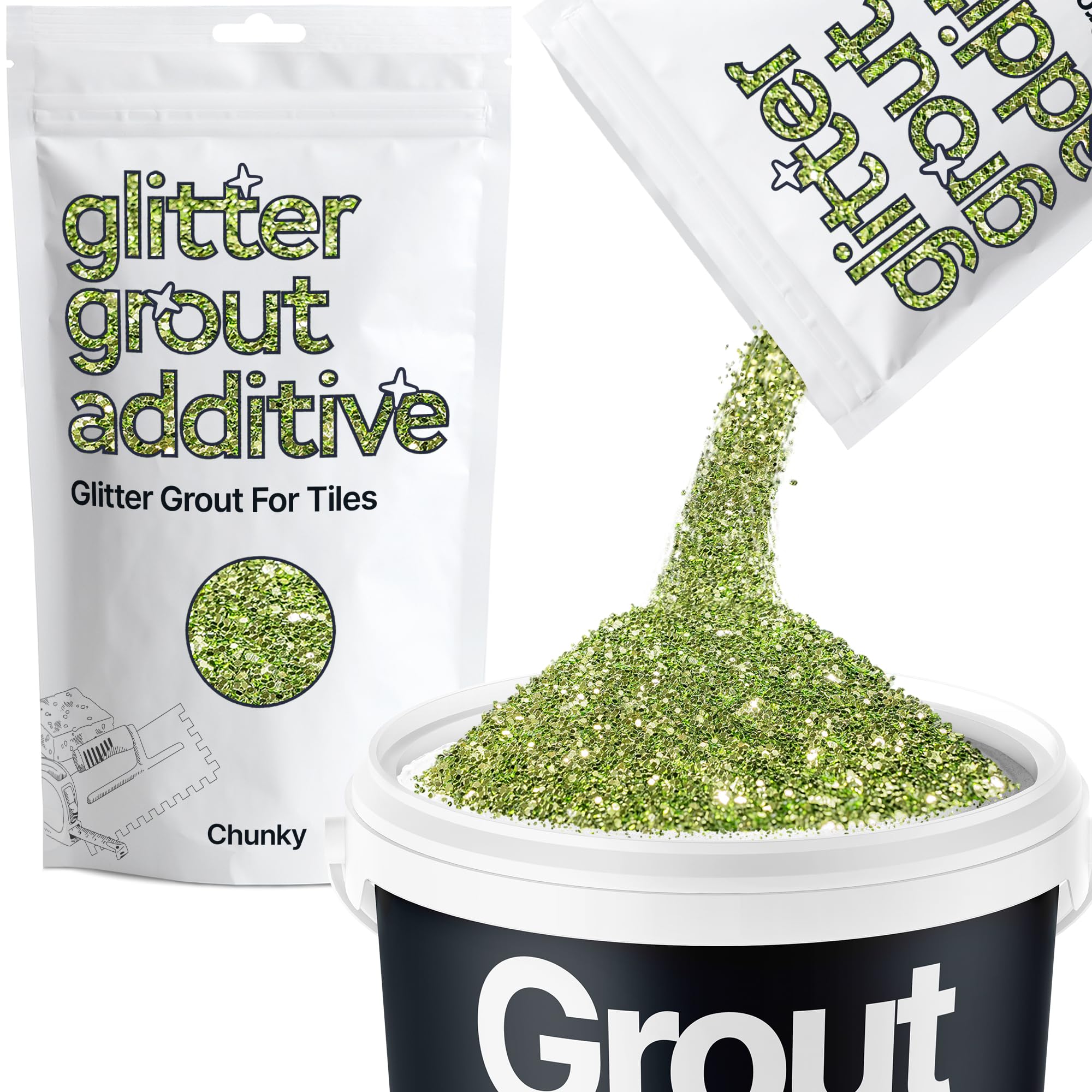 Hemway Olive Green Glitter Grout Additive Chunky 100g Metallic Flakes for Adding Sparkle to Kitchen & Bathroom Tiles | Enhance Your Indoor Grouting Projects with a Durable Sparkly Effect