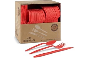PLASTICPRO 400 PackChristmass Red HolidayDisposable Plastic Utensils Assorted Colored Cutlery Combo Set Forks Spoons Knives Silverware, Red Plastic Cutlery for Parties