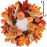 24 Inch Fall Wreaths Decorations Maples Autumn Wreath with Hanger | Leaf Pumpkin Pine Cone Berry For Thanksgiving Harvest Farmhouse Outdoor Indoor Window Wall