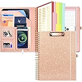 KLLVE Foldable Spiral Clipboard Folio with Storage Zipper Pouch, 5 Plastic Folders with Pockets,Refillable Lined Notepad (8.5" x 11"), Hardcover Project Organizer with 36 Stickers