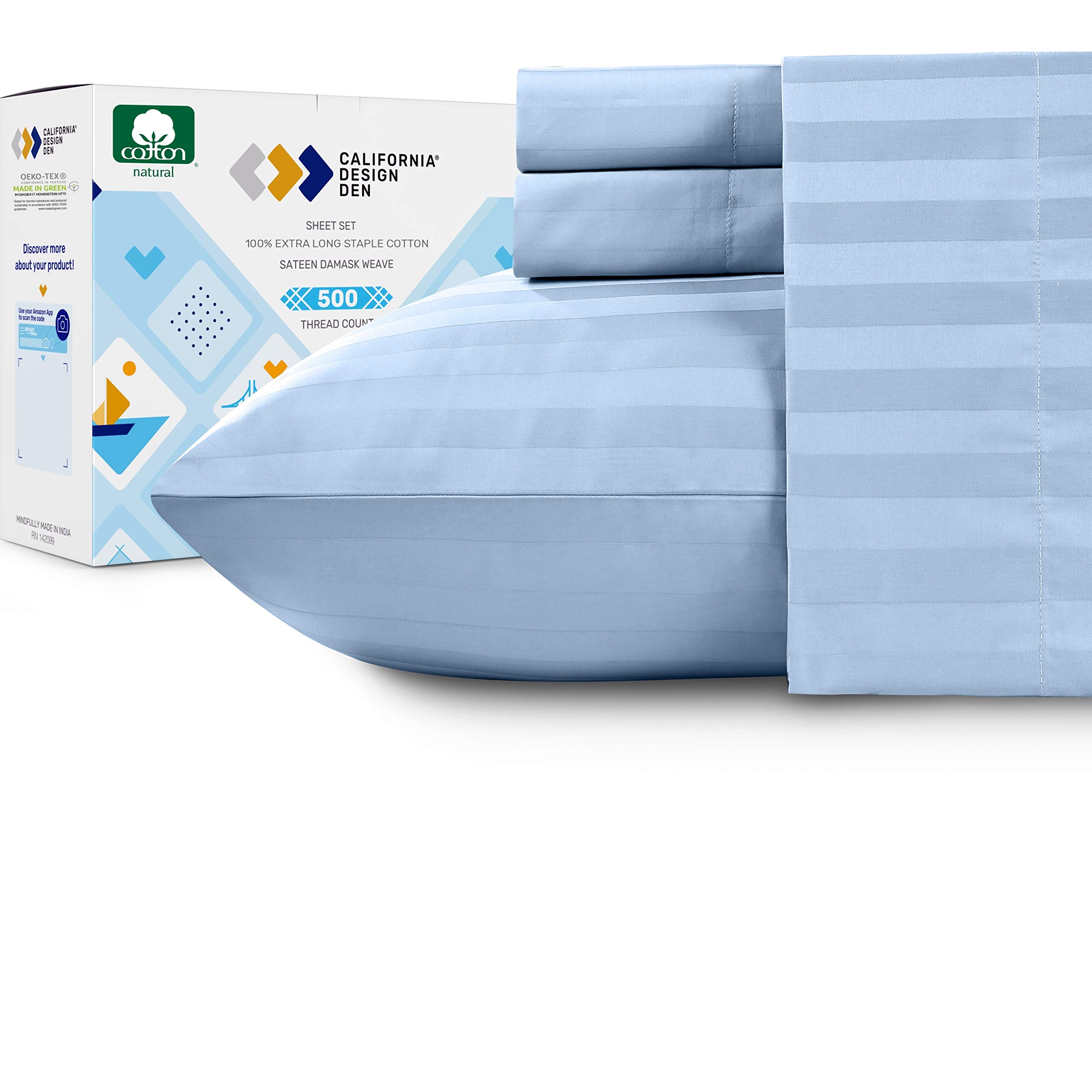 Sky Blue Sheets Cal King - 500 Thread Count Stripe 4 Piece Sheet Set, Extra Long Staple Cotton Sateen Weave, Elasticized Deep Pocket Fits Low Profile Foam and Tall Mattresses