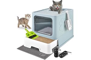 Cat Litter Box with Litter Mat, HOMAGICO Extra Large Free in and Out/One-Way Covered Liiter Box, Drawer Type Enclosed Kitty Litter Box with Lid,Odor Control Anti-Splashing Easy Cleaning (Light Blue)
