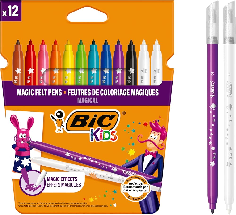 BIC Kids Magic Erasable Felt Tip Pens, Washable Colouring, 12 Pack