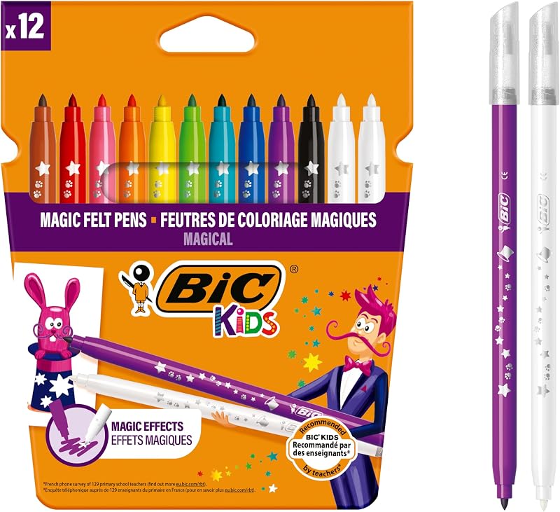 BIC Kids Magic Erasable Felt Tip Pens, Washable Colouring, 12 Pack