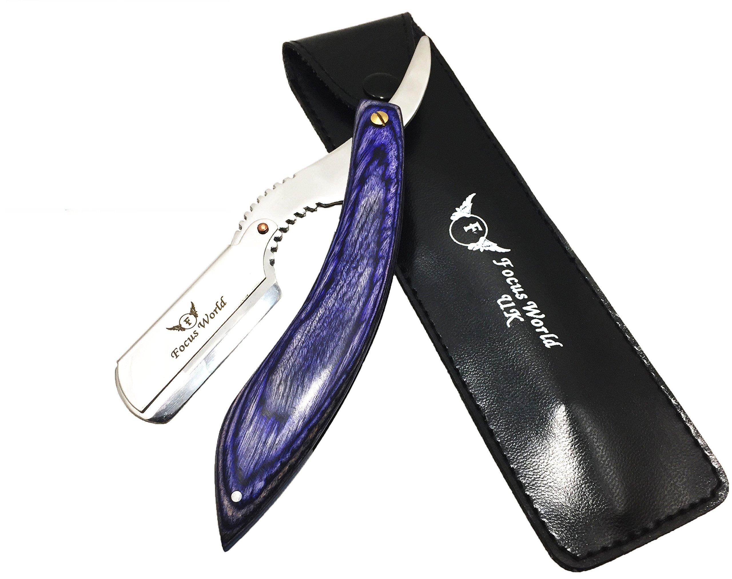 Blue Straight Cut Throat Razor Traditional Manual Barber Men Stainless Steel Shaving Razor With a Stylish Black Focus World Pouch