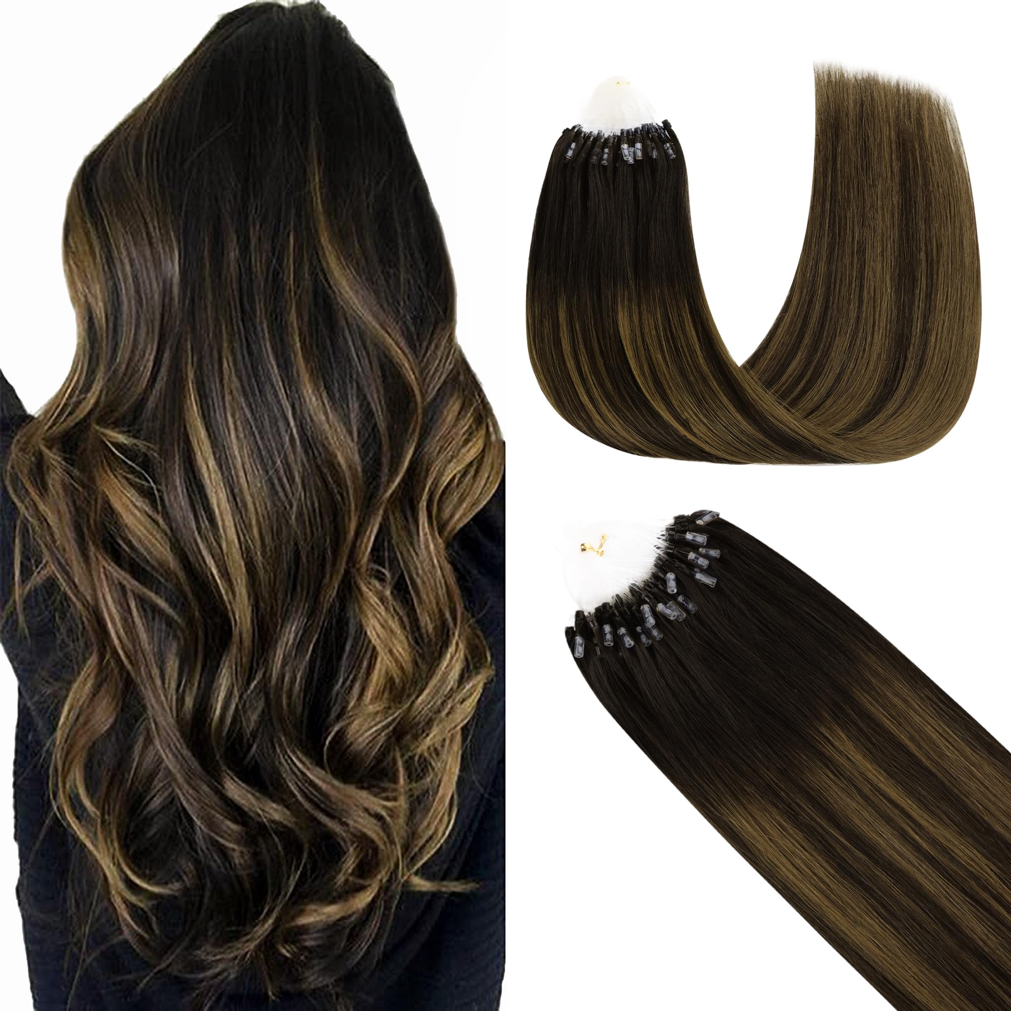 GOO GOO Micro Loop Hair Extensions Real Human Hair, Balayage Natural Black to Chestnut Brown 50g 16inch 50 Strands Cold Fusion Micro Bead Extensions — image 1