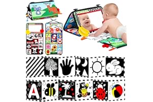 POIKSHARK 3PCS High Contrast Black & White Baby Toys - Tummy Time Mirror Infant Toys with Crinkle Cloth and Teether, Visual Stimulation Sensory Books for Newborns 0 3 6 12 Months, Shower Gift, Stocking Stuffers