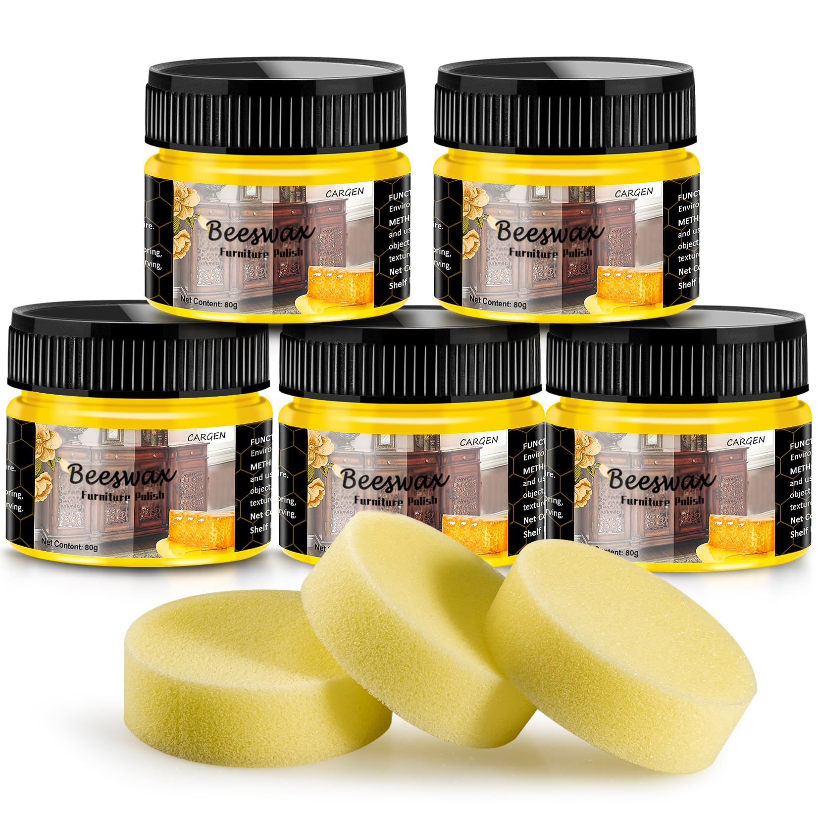 Beeswax Furniture Polish, Wood Seasoning Beeswax for Furniture CARGEN Wood Wax for Dining Table Floor Doors Chairs Cabinets to Protect and Care 5pcs Bee Wax Polish and 3pcs Sponge