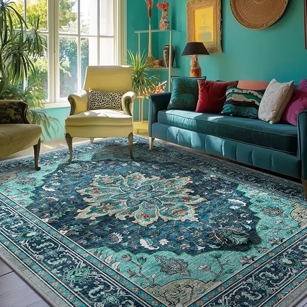 RELEANY AREA RUGS 5’X7′ WASHABLE NON-SLIP, FLORAL VINTAGE...