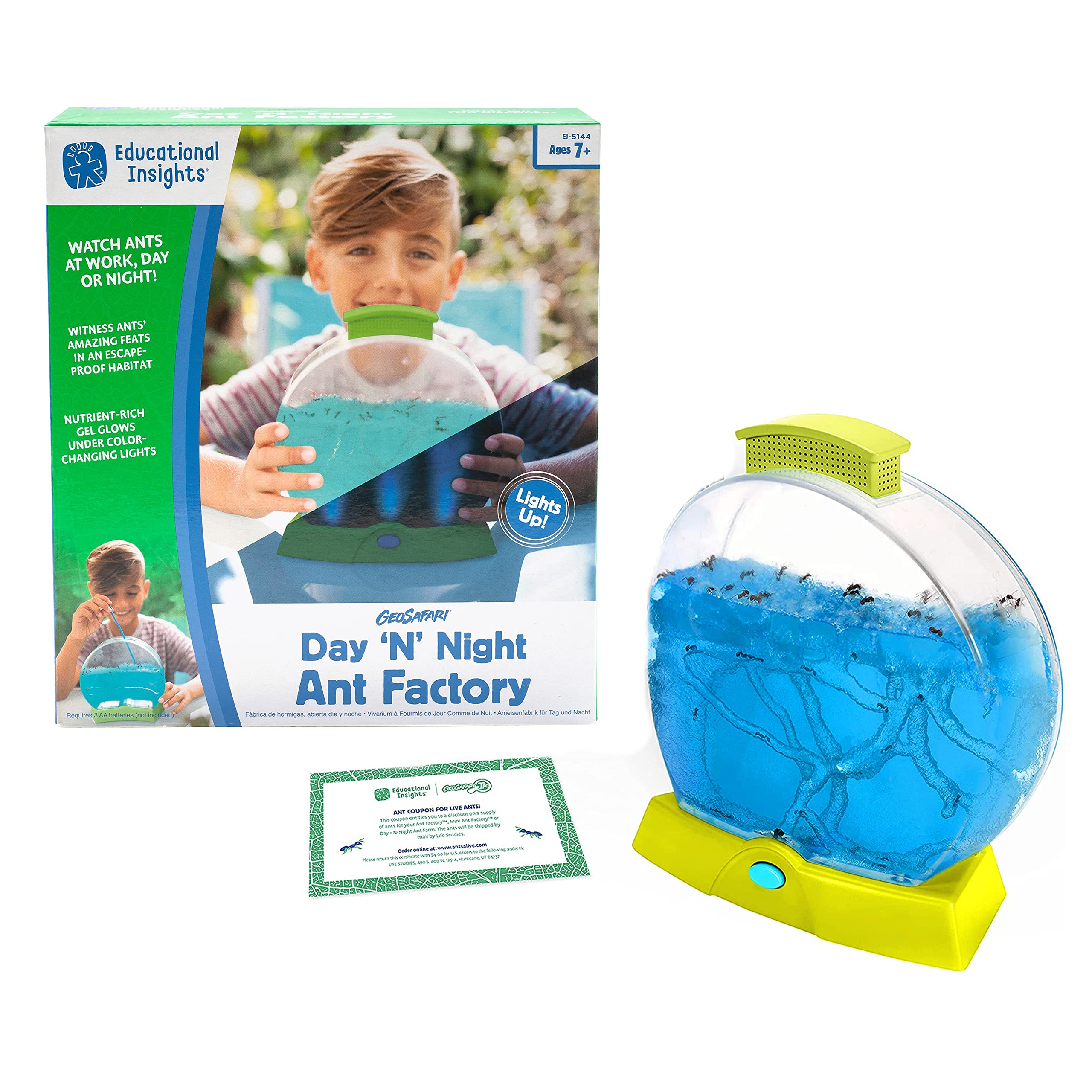 Educational Insights GeoSafari Day 'N' Night Ant Factory - Ant Farm with Live Ants, Kids Science Kit, at Home STEM Bug Kit, Light-Up Habitat for Viewing Ants, Starter Sets and Nature Toys for Ages 7+