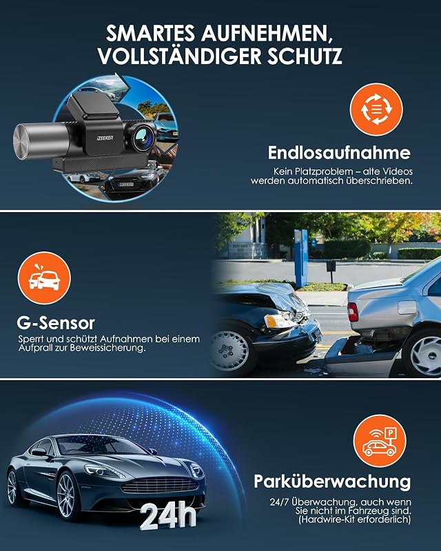 3-Kanal 4K Dashcam Auto Mit Kostenloser 32 GB Karte, 4K+1080P+1080P Vorne Hinten Innen Dash Cam Mit WDR, IR Nachtsicht, WiFi 6, Loop-Aufnahme, G-Sensor Und 24 Stunden Parkmodus