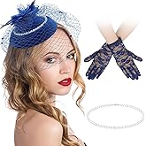 3 Pieces Fascinator Hat for Women Tea Party Derby Hat with Veil Feather Funeral Headpiece Lace Gloves Pearl Necklace (Navy Blue)