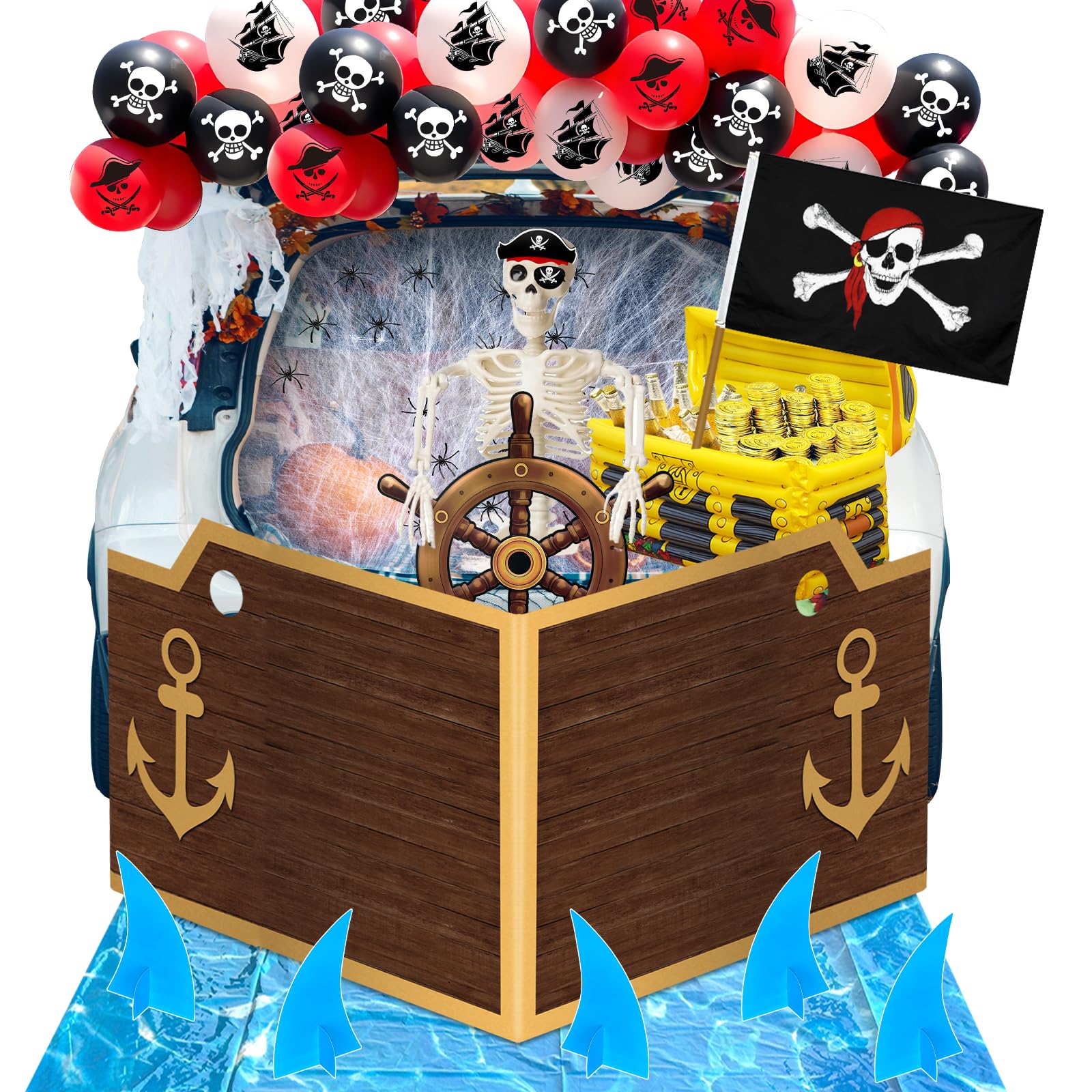Photo 1 of 27 Pcs Halloween Pirate Trunk or Treat Car Decorations Kit Include Skeleton Hat Blindfold Flag Spider Web Treasure Box Ship Plank Steering Wheel Seawater Shark Decor Balloons for Outdoor SUV Garage