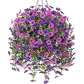 Ammyoo Artificial Fake Hanging Flowers Plants with Basket for Outdoor Spring Decoration, Faux Silk Daisy Flower Real Touch UV Resistant for Outside Porch Patio Garden Yard Home Decor(Purple Lotus)