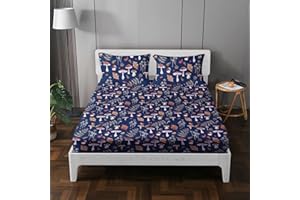 MUSOLEI Mushroom Fitted Sheet,Mushroom Sheet Mushroom Bedding, Bedding Sets Full cottagecore Bedding for Kids Set Fitted Sheet for Boys Girls Teens, Queen, Blue