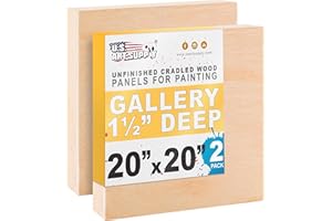U.S. Art Supply 20" x 20" Unfinished Cradled Wood Panels for Painting, Gallery 1-1/2" Deep (2 Pack) - Artist Depth Wooden Wall Canvases - Mixed-Media Craft, Acrylic, Oil, Encaustic, Paint Pouring