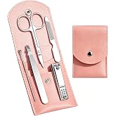 HANTEKAS Travel Manicure Set Professional Nail Clipper Kit-5 Pieces Stainless Steel Manicure Kit, Women Men Grooming kit With Nail Care Tools Beauty Scissors Tweezers (Silver Pink)
