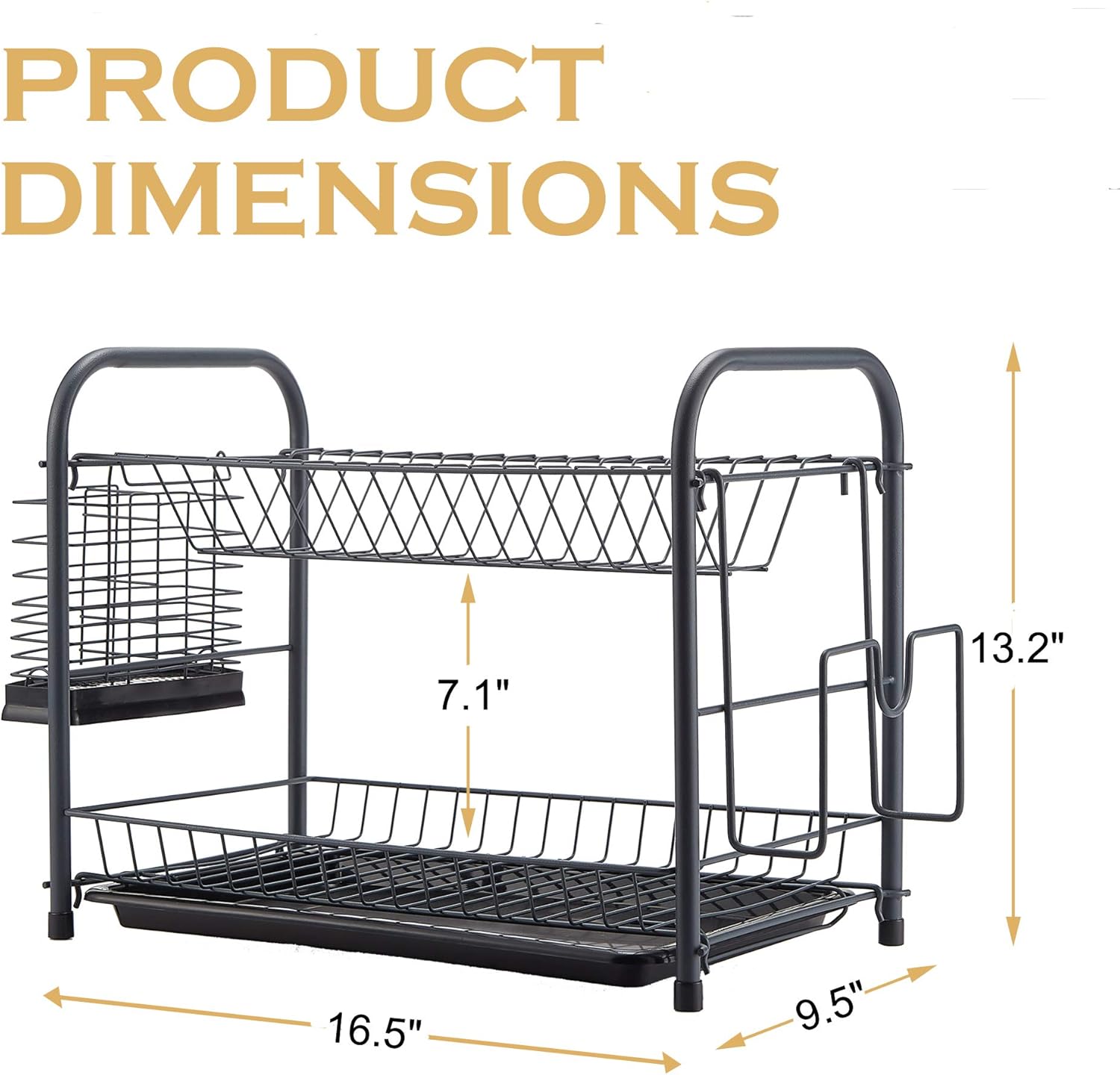 NATUROUS Dish Rack, 2 Tier Dish Drying Rack Kitchen Organizer with Drain Board, Utensil Holder, Cutting Board Holder, Gray -