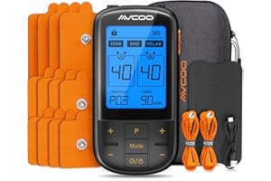 AVCOO 3-in-1 TENS Unit with 32 Modes, Dual Channel EMS Muscle Stimulator with 40 Intensities for Gradual Pain Relief Therapy, Rechargeable Electronic Pulse Massager with 12 Electrode Pads, EVA Case