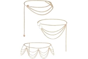Hicarer 3 Pcs Silver Gold Waist Chain for Body Multi Layer Metal Chain Belts for Women Girls Summer Beach Jewelry Adjustable