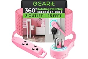 GEARit 360 Rotating Flat Plug Extension Cord with 3 Outlets (15ft, Pink) 16AWG/13A 3 Prong Wire, Outlet Saver for Home Office