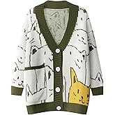 VDWIP Women's Cat Sweater Cardigan Oversized Kawaii Cartoon Button Down Open Front Cat Print Knit Vintage Cardigan Sweater