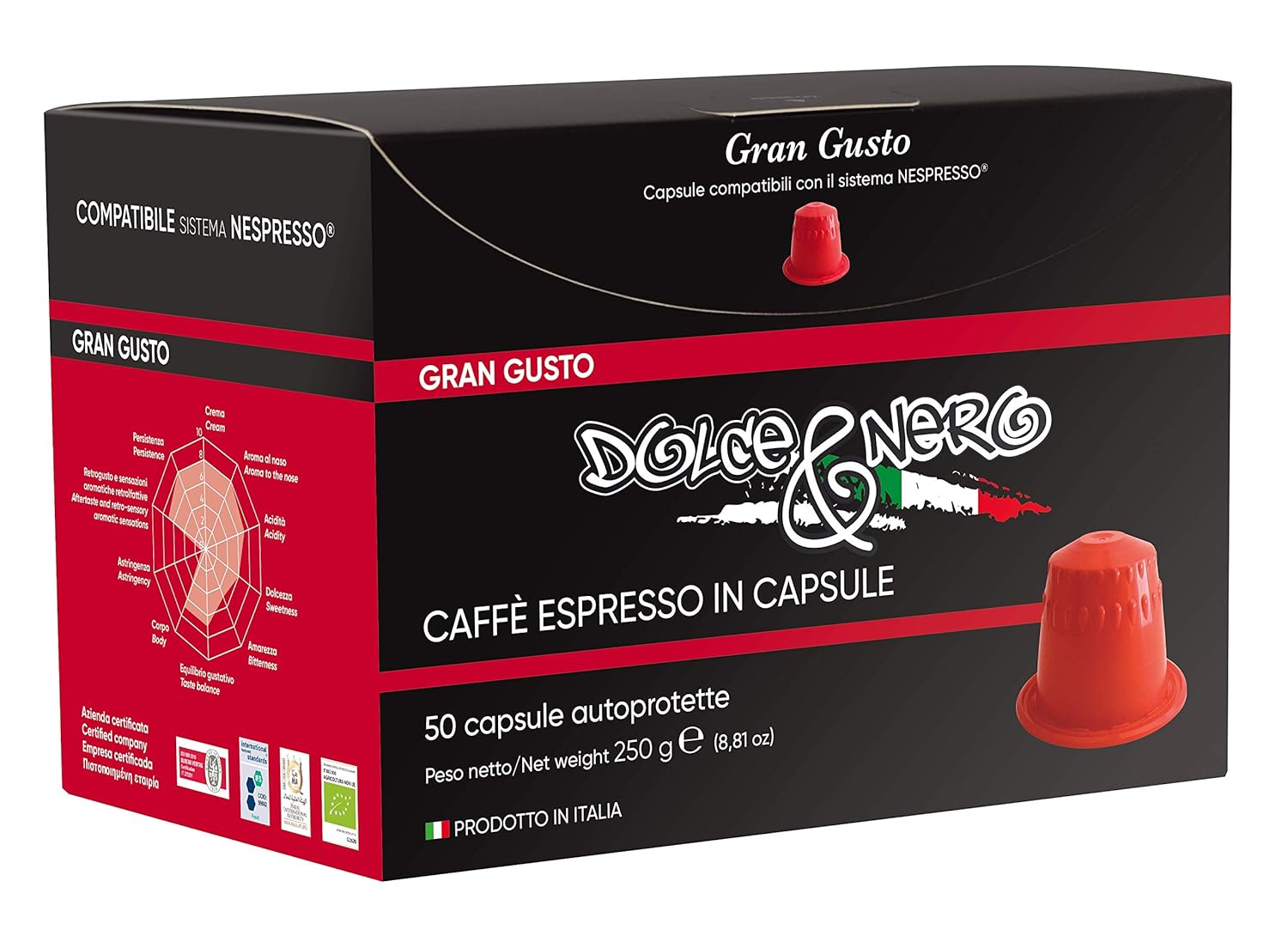 Dolce & Nero Coffee Espresso Capsules - 50 Coffee Pods original line - Compatible with Nespresso Machine - Fine Italian Coffee Gran Gusto