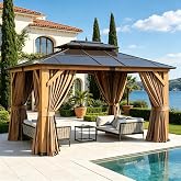 Aoxun 10' x 12' Wood Gazebo with Double Polycarbonate Roof, Natural | Outdoor Hardtop Gazebo, Permanent Wooden Pavilion with Breathable Netting and Privacy Curtain for Patio, Garden, Cedar Wood