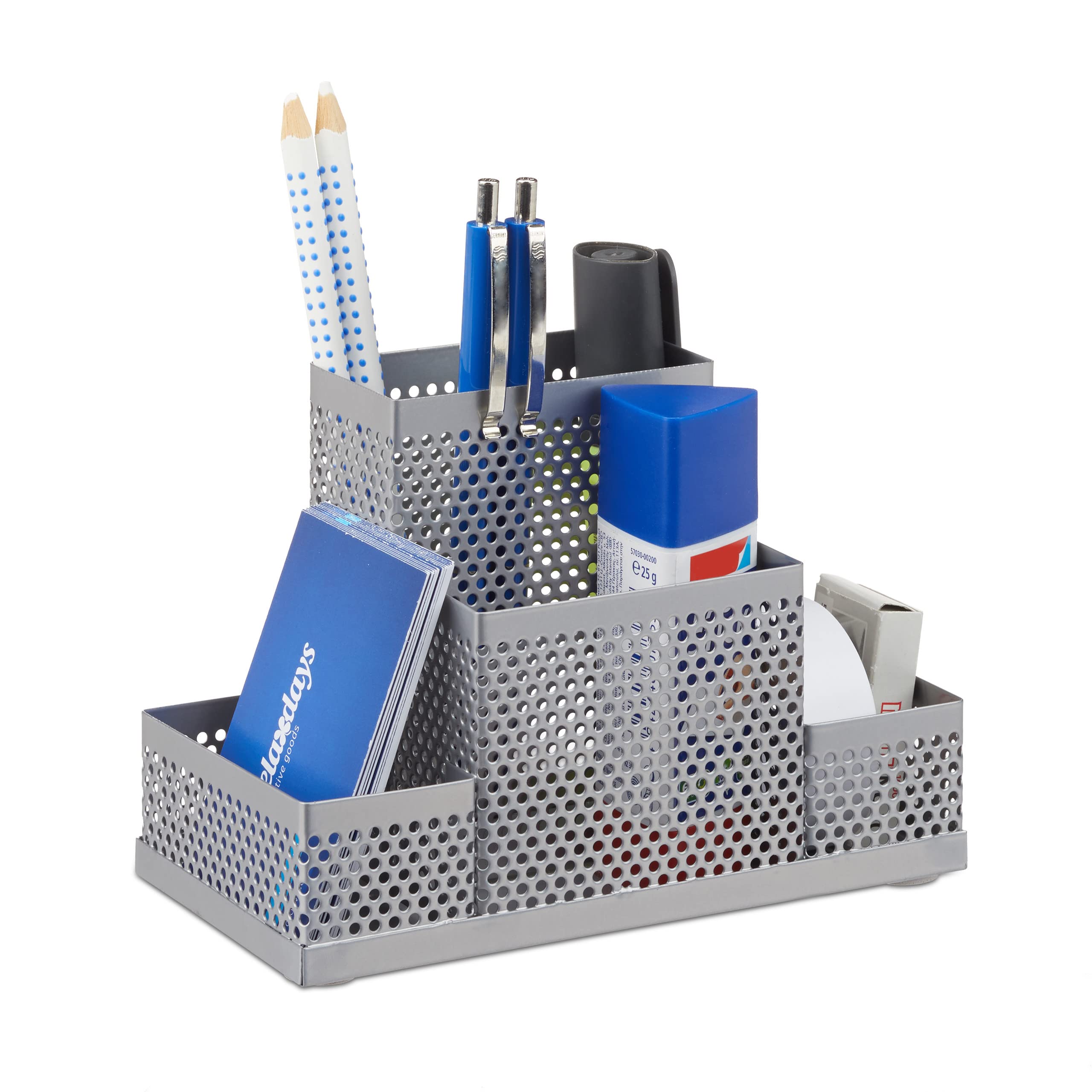 Relaxdays Metal Mesh Desk Organizer, Office Pen Holder, Stationery Supply Rack, H x W x D: 11x16x8 cm, Silver, Steel