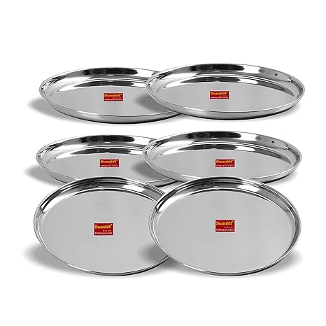 Sumeet Stainless Steel Heavy Gauge Dinner Plates with Mirror Finish 27.5cm Dia - Set of 6pc