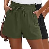 Neer 2 Pack Women’s Linen Shorts, Drawstring High Waisted Casual Summer Beach Wide Leg Lounge Comfy Shorts with Pockets