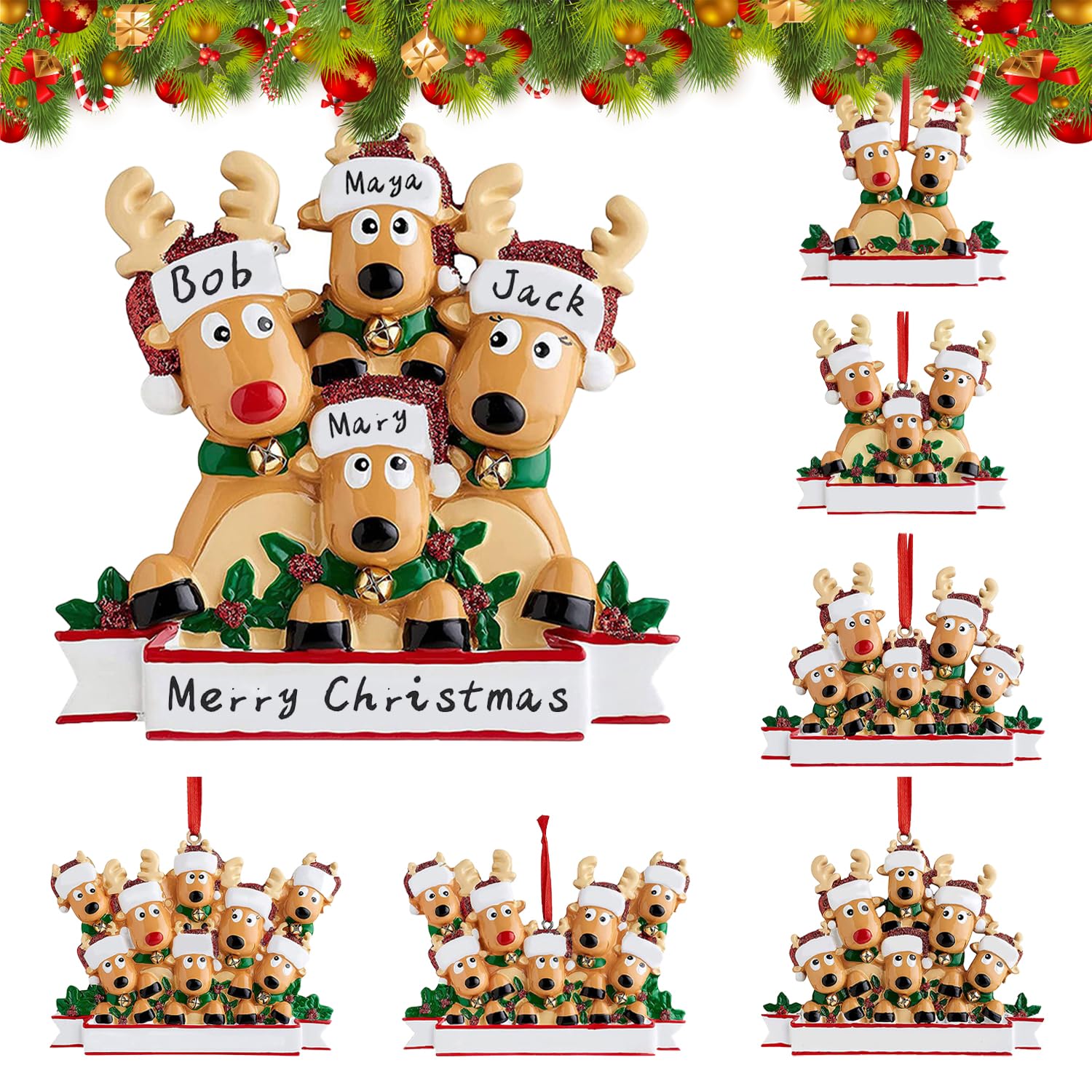 CoFlink 2025 Christmas Reindeer Family Decorations, Personalized DIY Christmas Ornaments Tree Hanging Pendant Family of 2,3,4,5,6,7,8, Xmas Decor Gifts for Home (Family of 4)